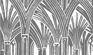 A monochrome linocut print of Wells Cathedral retrochoir