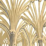 A three colour linocut print of Wells Cathedral retrochoir