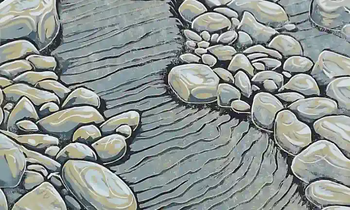 Linocut print of rocks and shale at Kilve Beach